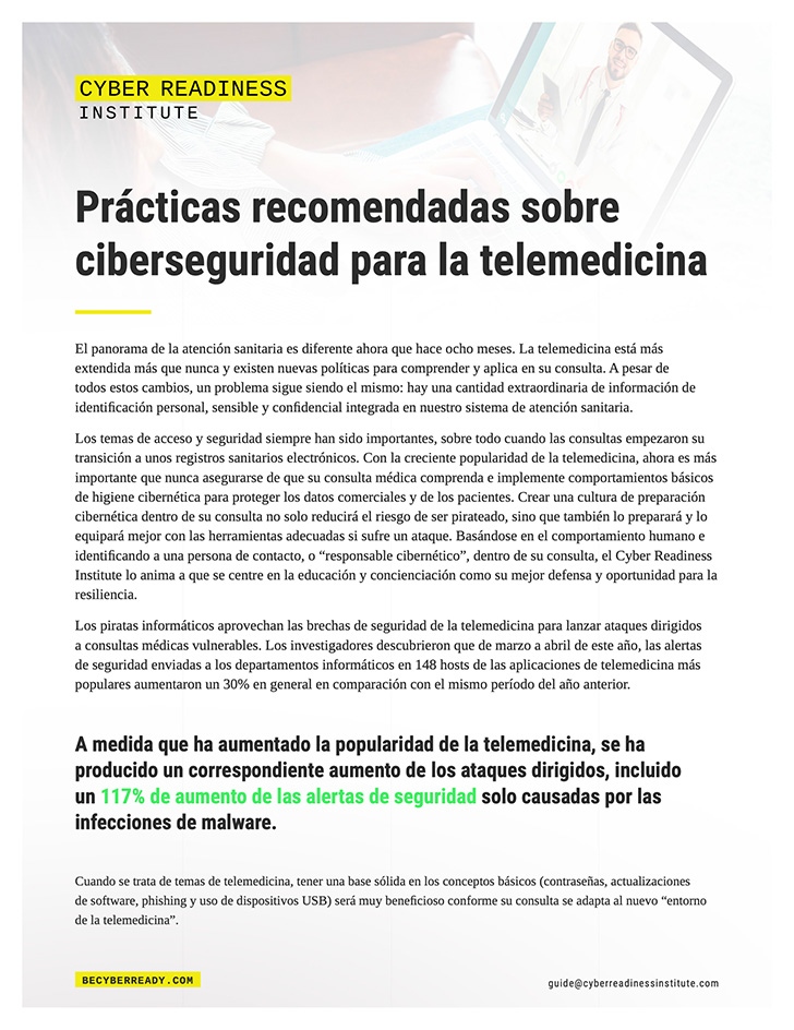Cybersecurity Best Practices for Telehealth cover in spanish