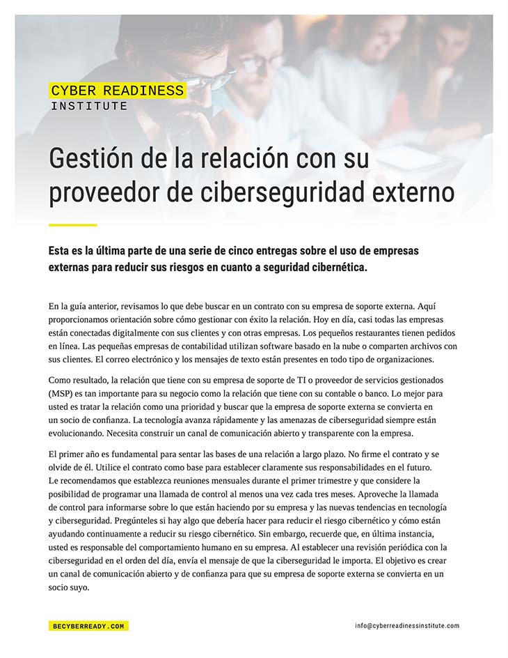 Guide Managing the Relationship with Your Outside Cybersecurity Support Firm cover in spanish