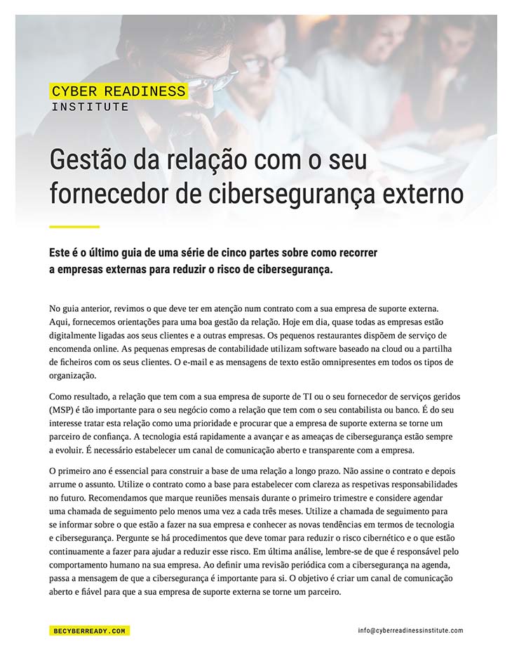 Guide Managing the Relationship with Your Outside Cybersecurity Support Firm cover in portuguese
