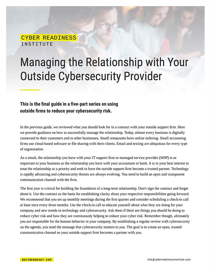 Managing the Relationship with Your Outside Cybersecurity Provider guide in portuguese