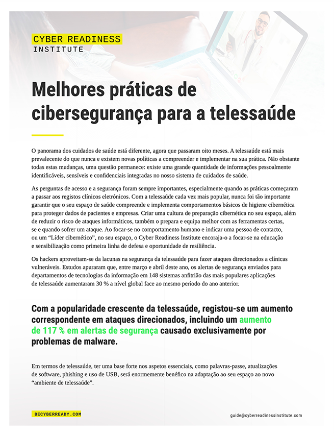 Cybersecurity Best Practices for Telehealth guide cover in portuguese