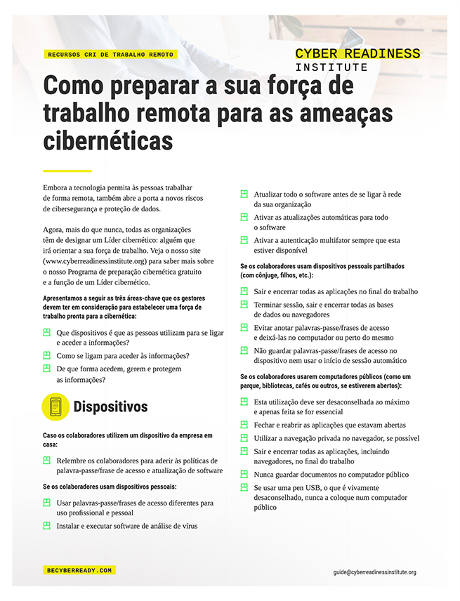 Making Your Remote Workforce Cyber Ready guide cover in portuguese