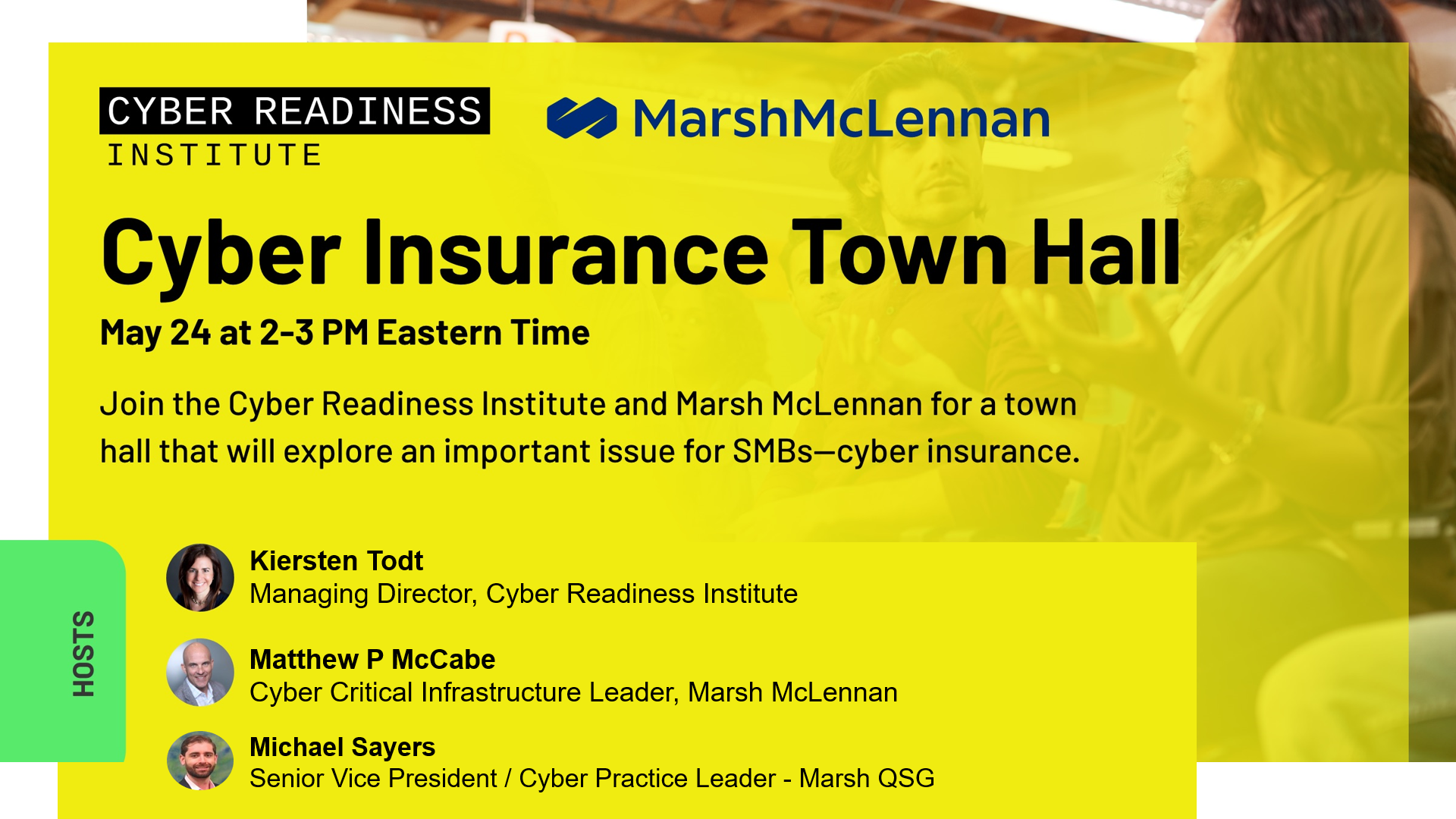 Cyber Insurance Town Hall event information with host logos